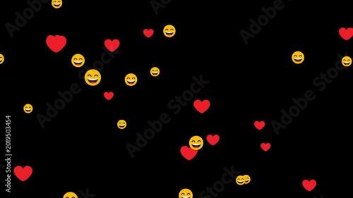 Floating hearts and smiling emoji animation with alpha channel, transparent social media reaction overlay, cheerful love icons motion graphic for live stream, chat, video, and streaming content