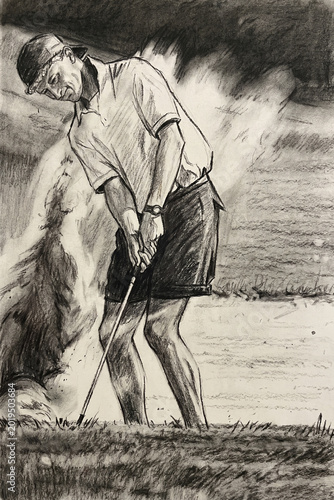Vintage pencil sketch of golfer with caddie on rocky terrain. Focus and tradition in classic golf competition art.