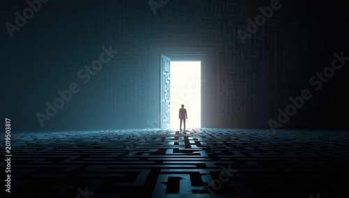 Person stands at open doorway, bright light spills out from a maze