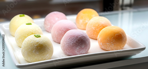 modern fruit daifuku perfect spheres in a gradient of colors—pale yellow (yuzu), blush pink (strawberry), soft orange (mikan)— inside refrigerated glass display case 