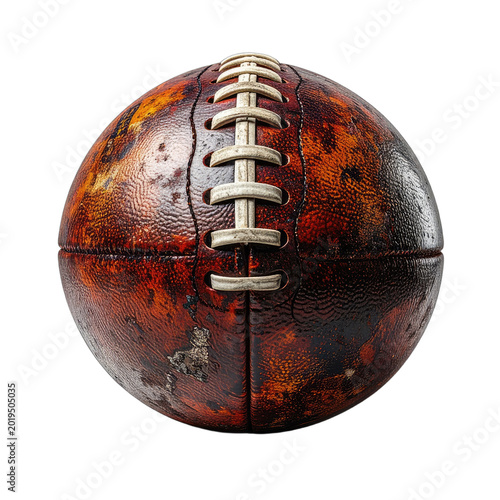 A weathered American football with laces against a black background.
