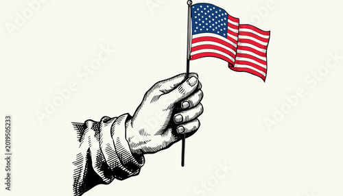 Vintage hand holding american flag illustration on white background with patriotic theme and national symbol