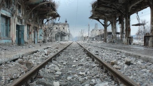 Destroyed train station with rubble and debris on the railway tracks after a military conflict