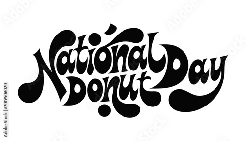 National donut day black handwritten text banner on white background for social media promotion