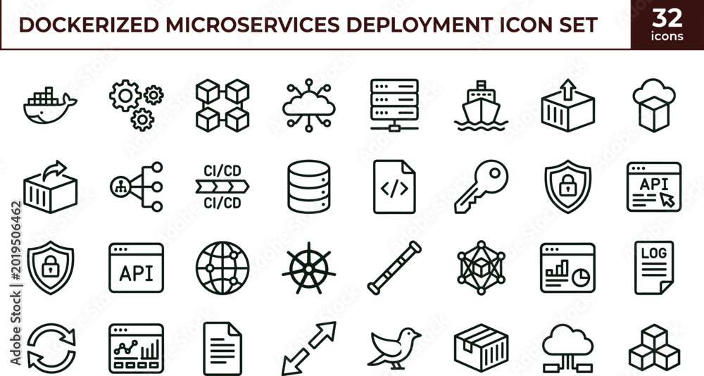 Naklejka premium Dockerized microservices deployment icon set for cloud infrastructure automation and container orchestration systems
