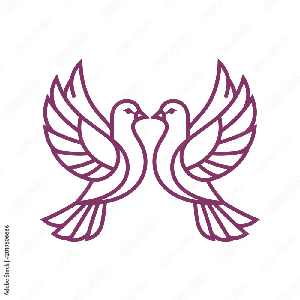 Obraz premium Purple outline illustration of two doves flying together on white background
