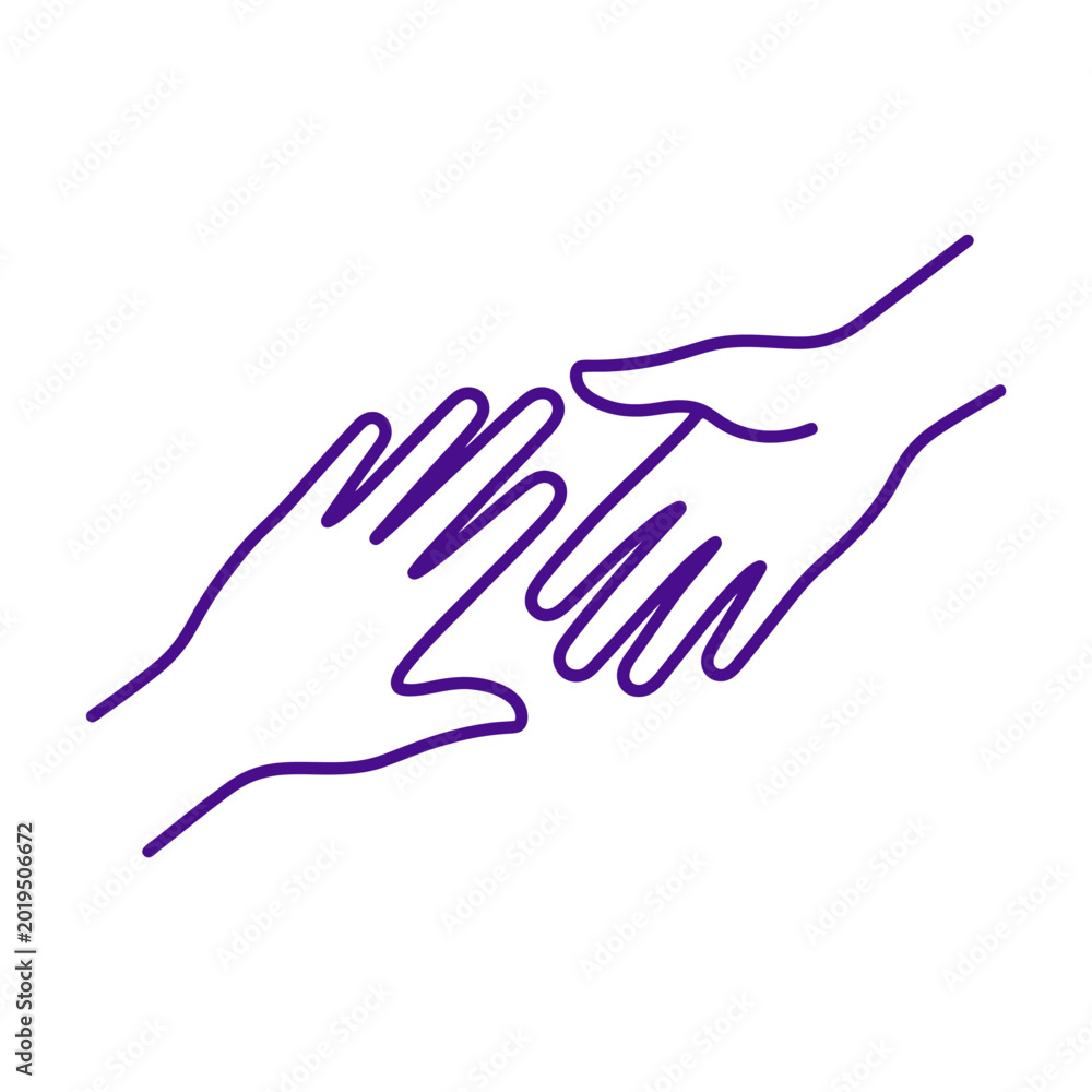 Obraz premium Two purple outline hands reaching towards each other on white background