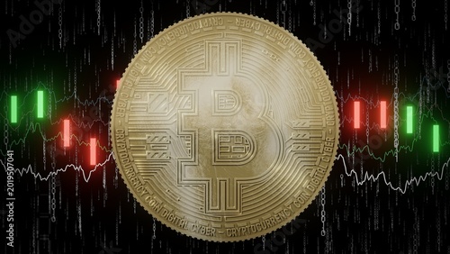 Golden Cryptocurrency Bitcoin and Financial Data Chart - 3D illustration