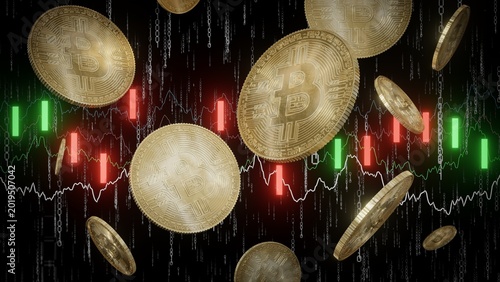 Falling Golden Cryptocurrency Bitcoins and Financial Data Chart - 3D illustration