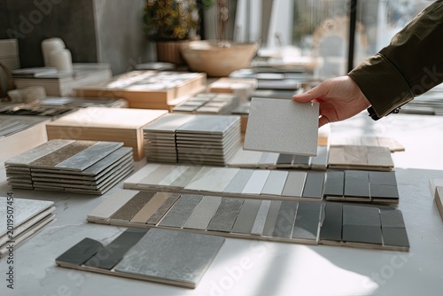 Hand selects a tile from a variety of samples displayed on a table