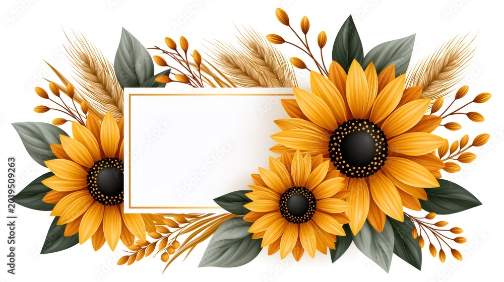 Fototapeta premium Sunflowers and wheat with blank frame for text
