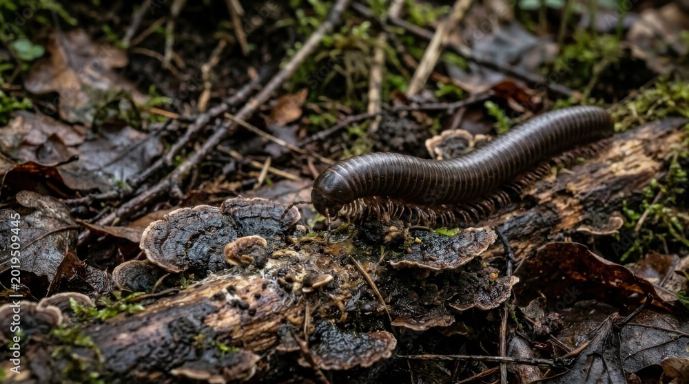 Fototapeta premium Close-up of a millipede crawling on a decaying log in a forest environment.