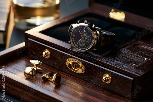 Luxury watch and golden cufflinks in wooden box