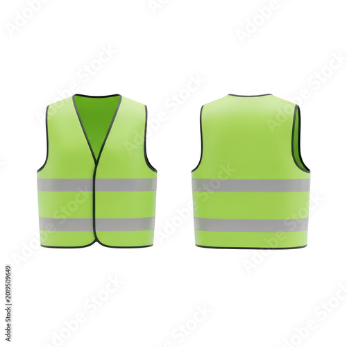 Front and back view of a neon green safety vest with hi vis, clothing