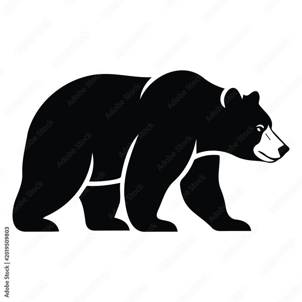 Fototapeta premium Grizzly bear silhouette walking in wild forest nature landscape black vector illustration icon.