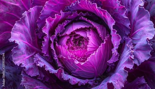 Vibrant Purple Ornamental Cabbage Blooming in Detailed Macro Close Up