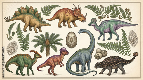 Collection of prehistoric dinosaurs and fern leaves in a detailed vintage style generated using ai