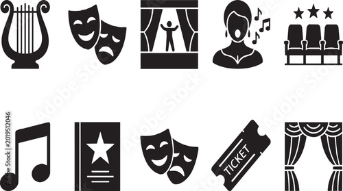 Photos Theater Performing Arts Icon Set Music Drama Stage Entertainment