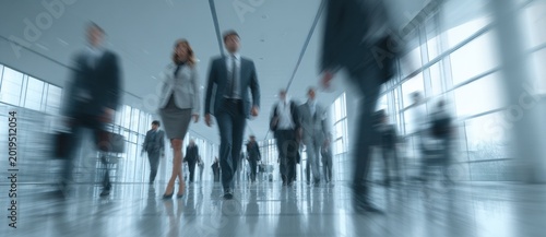 Business people walking in a modern office building with blurred motion during a busy day