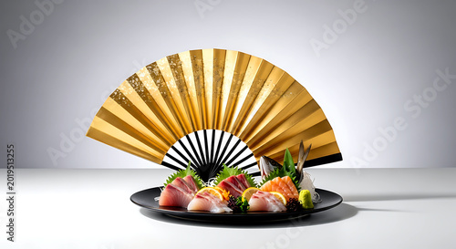 a modern kazari-sensu (decorative folding fan) with gold leaf details, placed as a backdrop for a sleek arrangement of assorted sashimi on a black plate 