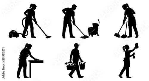 Tableau sur toile Cleaning Service Silhouettes: 6 Vector Icons for Housekeeping, Janitorial, and D