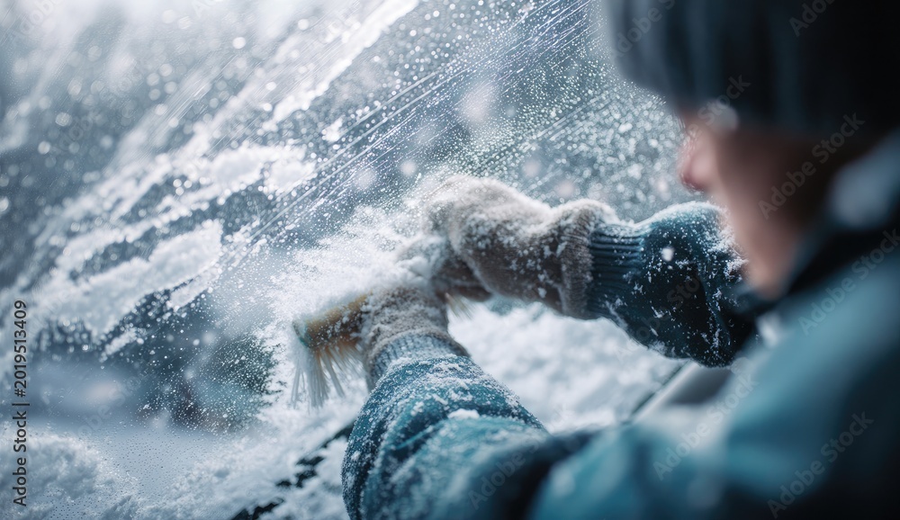 Fototapeta premium Person wearing gloves and a hat brushes snow from a frosty windshield