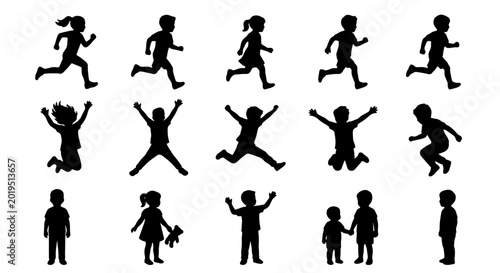 Photos Diverse Children Silhouettes, 15 Vector Icons: Running, Jumping, Playing, Standi