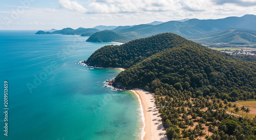 Drone’s perspective cinematic of Ko Chang island, Thailand. Crystal-clear turquoise sea surrounding a stunning tropical island 
