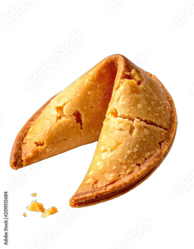 A golden fortune cookie is displayed against a stark black background.