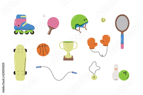 Set of sports elements. Roller skates, tennis racket, helmet, skateboard, basketball, cup, jump rope, boxing gloves, medal, etc. Isolated vector illustration in flat cartoon style on white background.