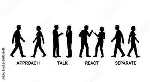 Foto Communication Stages Vector Icons: Approach, Talk, React, Separate Silhouettes f