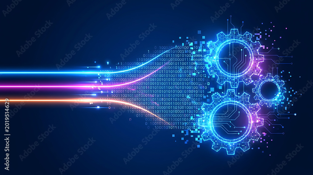 Fototapeta premium Futuristic technology background featuring glowing digital gears and binary data streams representing artificial intelligence and automated processing