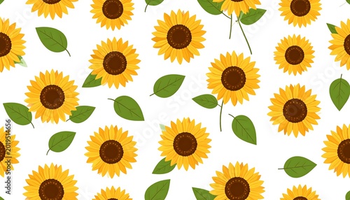 Bright Yellow Sunflower Pattern Scattered with Green Leaves on White Background