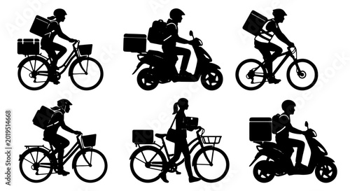 Foto Delivery Service Icons: Cyclists and Scooters, Silhouette Set for Logistics and