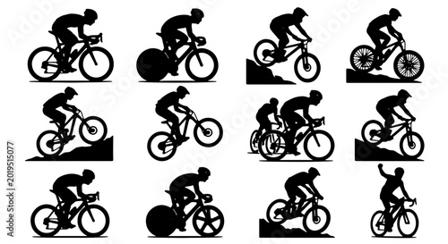 Tableau sur toile Dynamic Bicycle Silhouettes: 12 Vector Icons of Cyclists in Action, Road Racing,