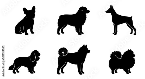 Schilderij op canvas Premium Six Black Dog Silhouettes Vector Set: French Bulldog, Australian Shepher