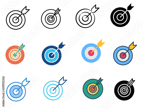 Collection of target icons with arrows hitting the bullseye, isolated on transparent background