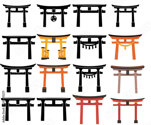 Schilderij op canvas Collection of Torii gate icons in various styles and colors, isolated on transpa