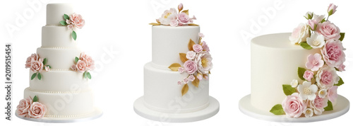 Fotografie Three white tiered cakes decorated with pink and white sugar flowers and gold leaves, isolated on a transparent background