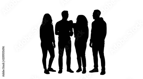 Black silhouettes of four people standing isolated on transparent background, Vector