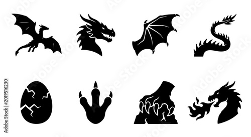 Foto Mythical Dragon Icons Set, Fantasy Creature Silhouettes, Magical Beast Vector Gr