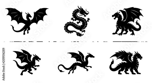 Fotografía Mythical Dragon Silhouettes Collection, Fantasy Creature Vector Icons, Ancient L