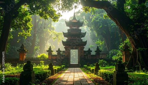 Serene Ancient Pagoda Gate Framed by Lush Forest in Morning Sunlight