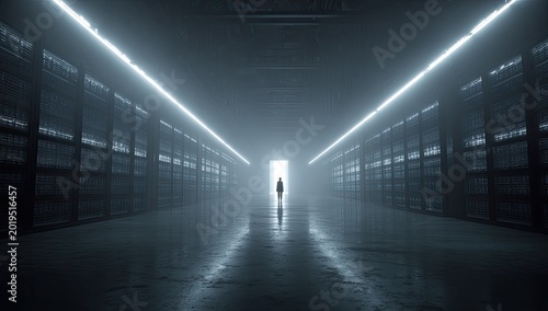 A lone figure walks down a vast, dimly lit server room towards a bright light
