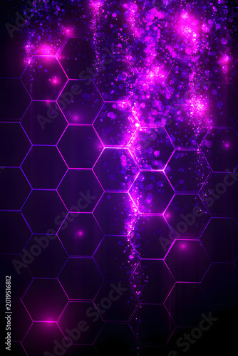 Neon purple and magenta hexagon technology background with glowing futuristic data pattern
