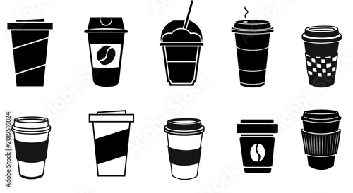 Collection of black and white coffee cup icons isolated on transparent background