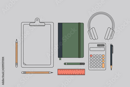 Empty photo frame with calculator, notebook, headphones, and pencil on white background