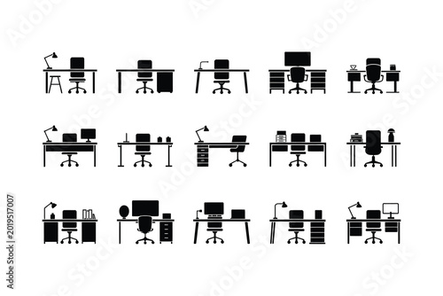 Collection of office desk layouts with chairs and computer equipment