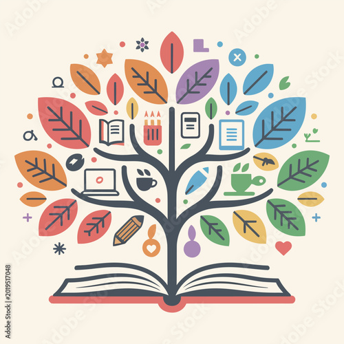 Open book with knowledge tree growing colorful learning and education icons