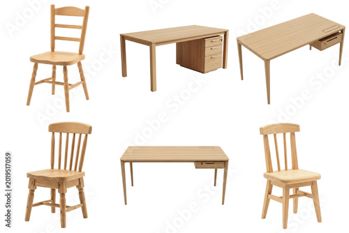 Foto Collection of wooden chairs and desks isolated on transparent background